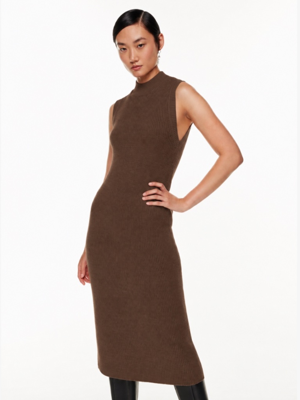 Aritzia Aesthetica Dress - Rich Mocha Brown Merino Wool Mockneck Midi Dress - S